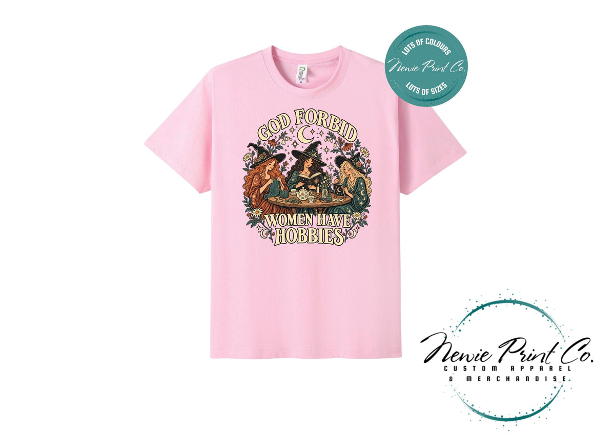 God Forbid Women Have Hobbies Witch T-Shirt, Vintage Crafting and Bookish Graphic Tee