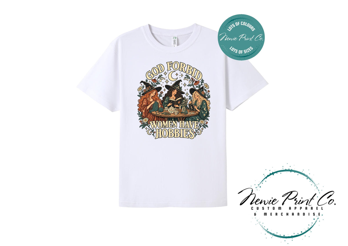 God Forbid Women Have Hobbies Witch T-Shirt, Vintage Crafting and Bookish Graphic Tee