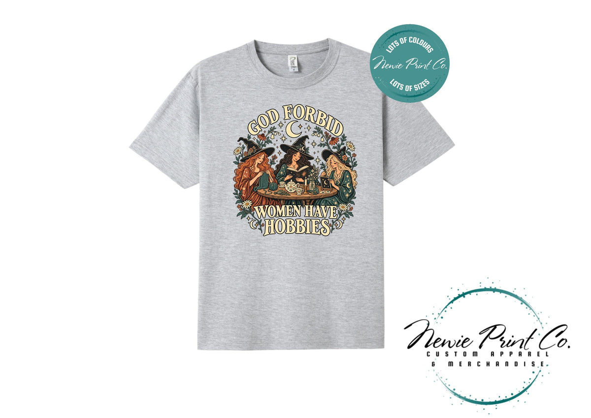 God Forbid Women Have Hobbies Witch T-Shirt, Vintage Crafting and Bookish Graphic Tee