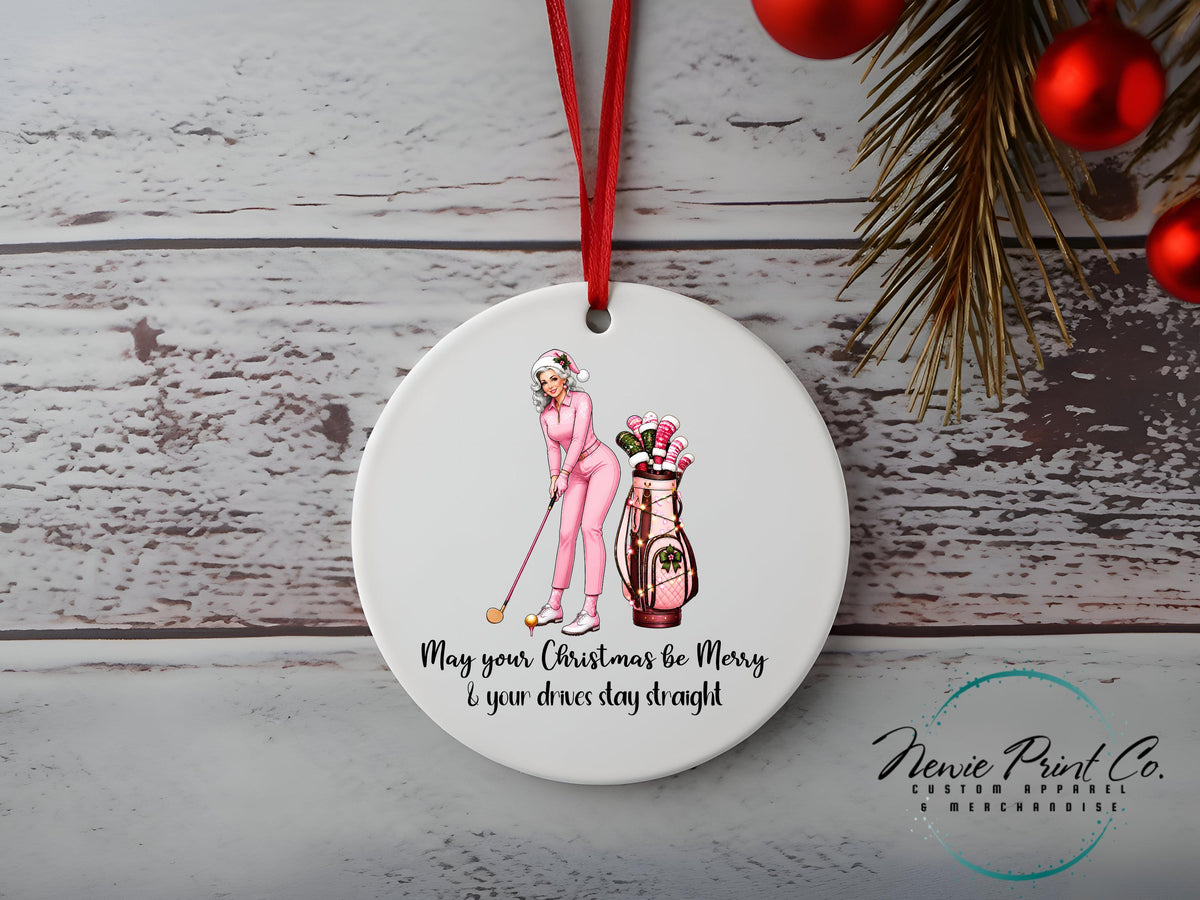 Pink Christmas Golf Ornament, Festive Female Golfer Tree Decoration
