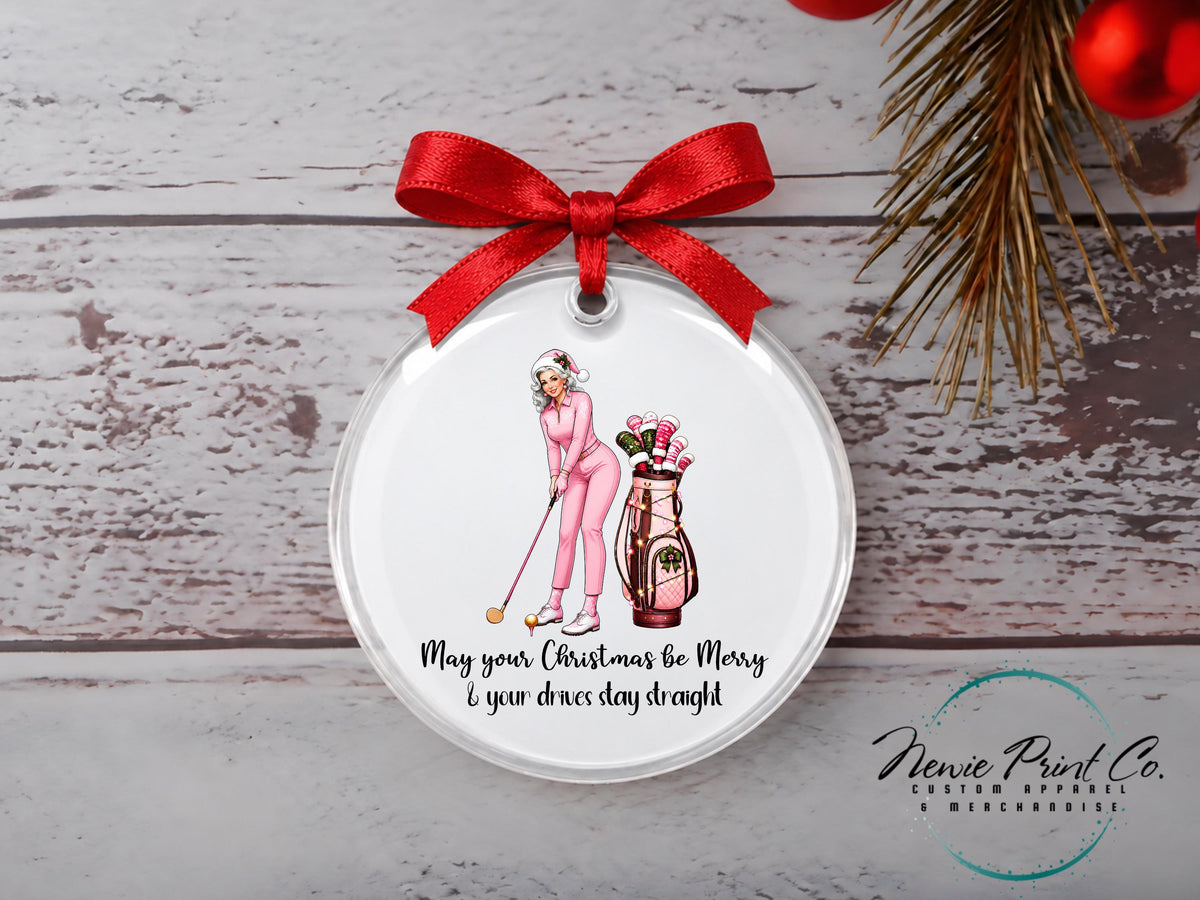 Pink Christmas Golf Ornament, Festive Female Golfer Tree Decoration