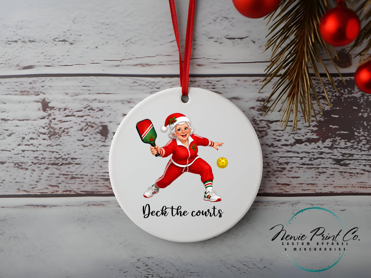 Mrs Claus Pickle Ball Ornament, Festive Christmas Lady Pickle Baller Tree Decoration