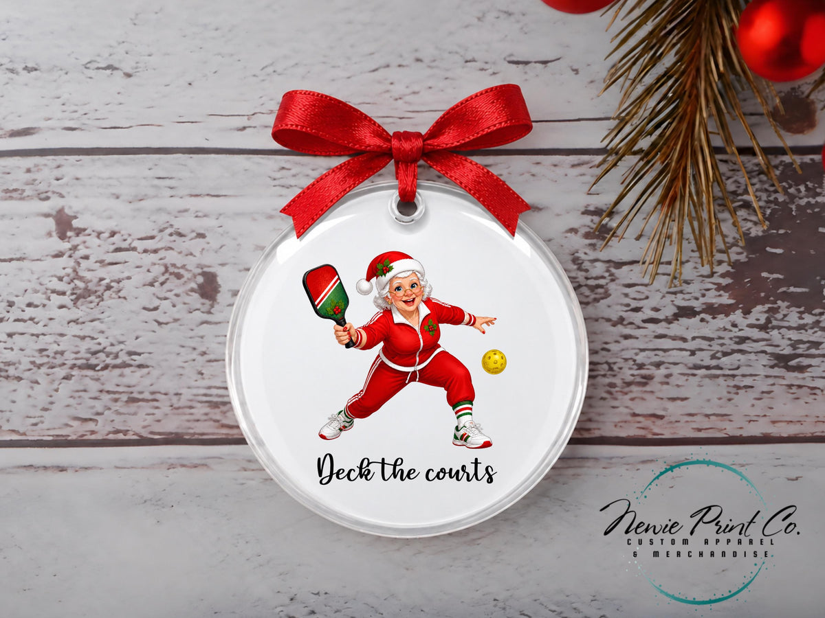 Mrs Claus Pickle Ball Ornament, Festive Christmas Lady Pickle Baller Tree Decoration