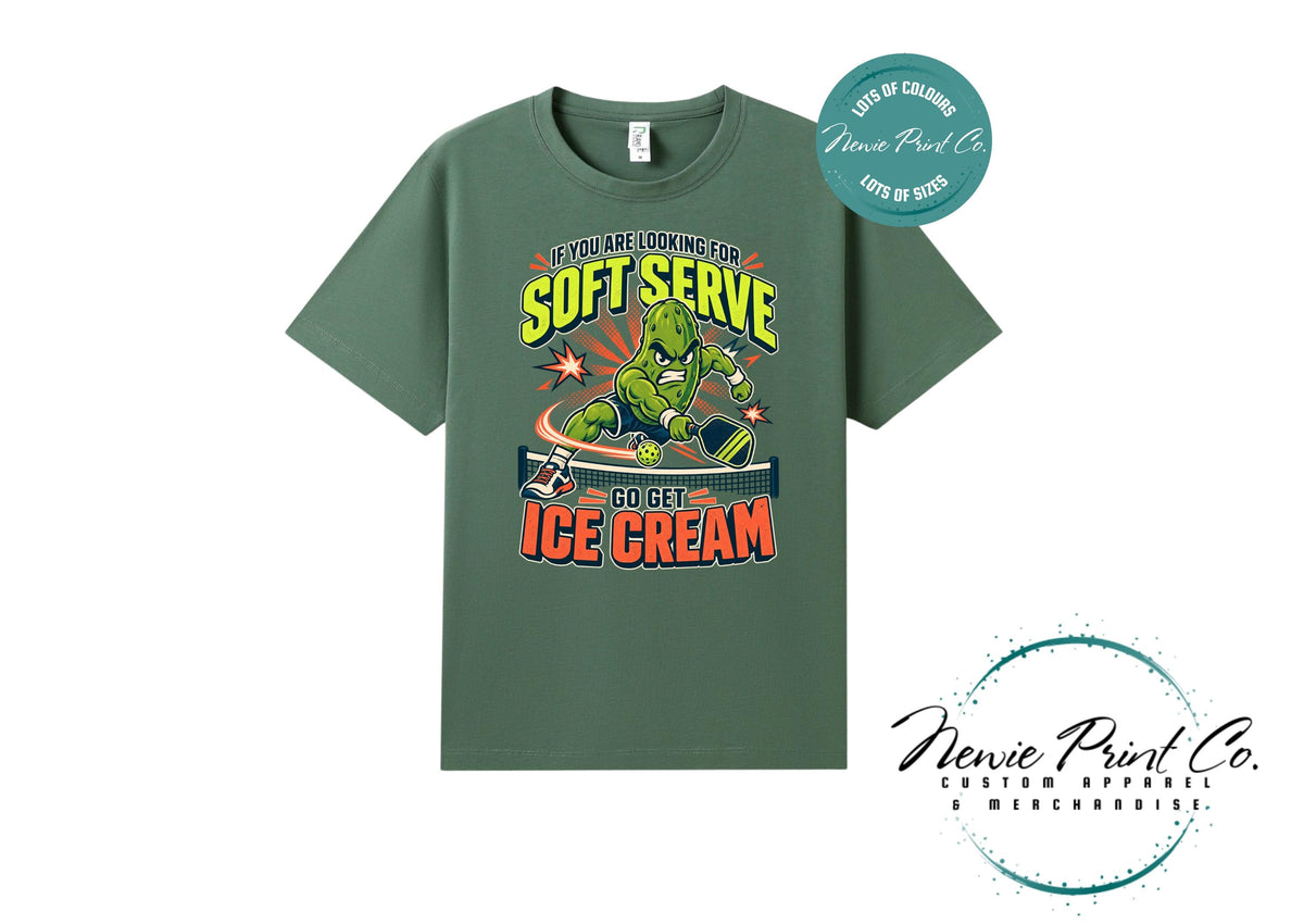 Funny Pickleball Shirt, Soft Serve Ice Cream Tee, Fierce Pickle Mascot T-Shirt, Pickleball Player Gift, Unisex Sports Tee