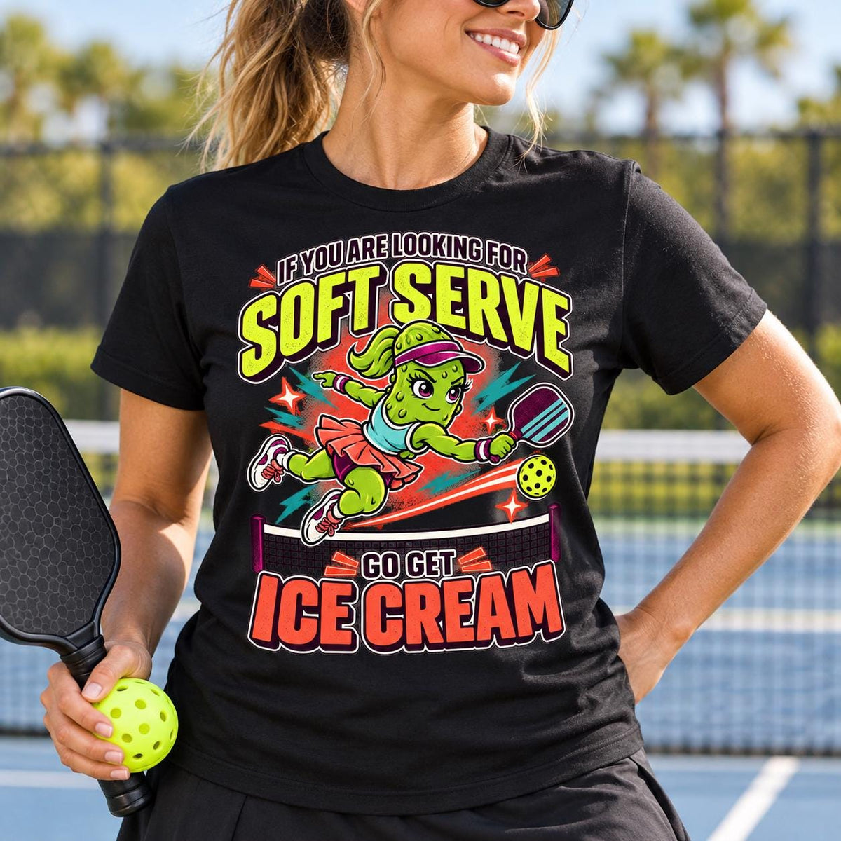Funny Pickleball Shirt, Soft Serve Ice Cream Tee, Fierce Pickle Mascot T-Shirt, Pickleball Player Gift, Sports Tee