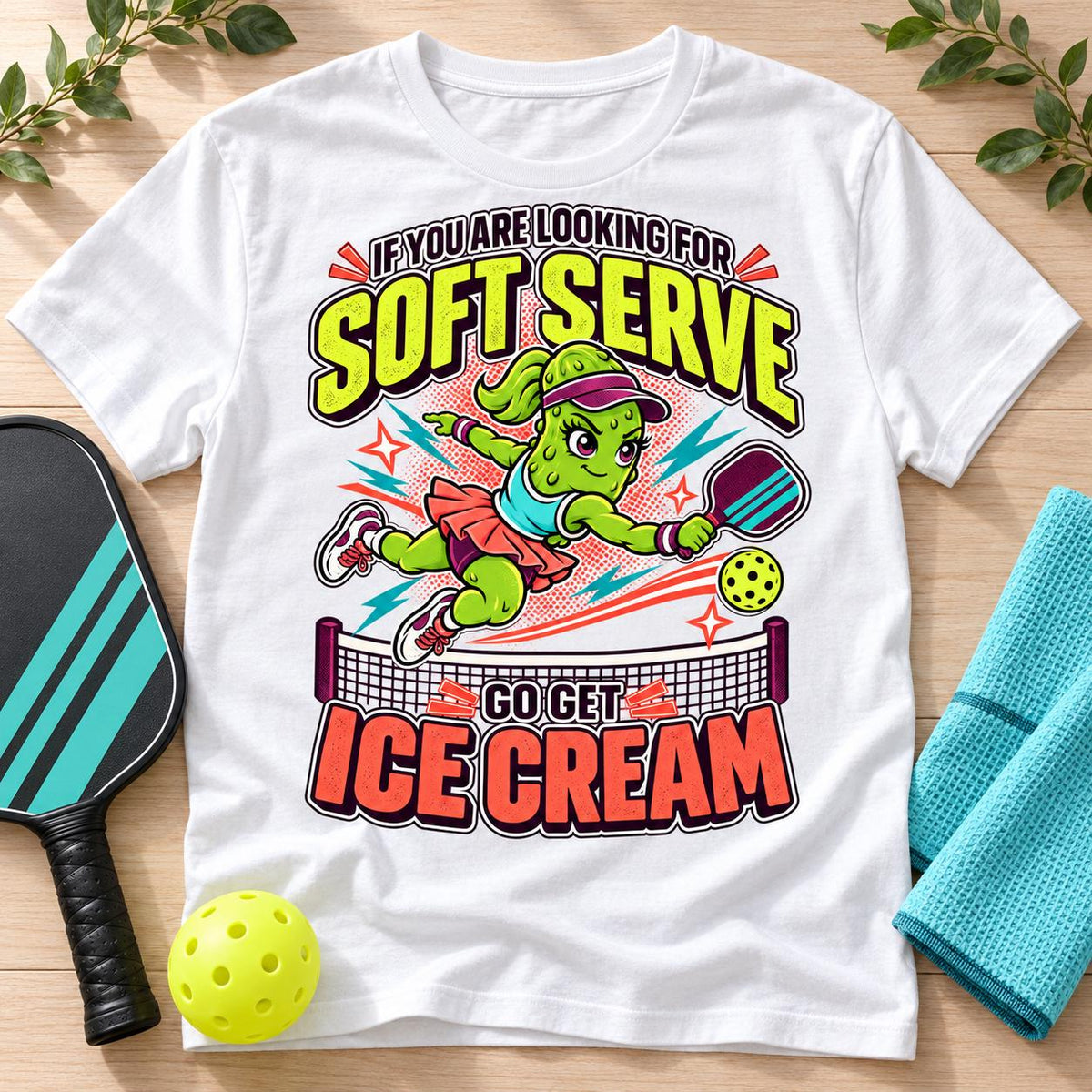 Funny Pickleball Shirt, Soft Serve Ice Cream Tee, Fierce Pickle Mascot T-Shirt, Pickleball Player Gift, Sports Tee