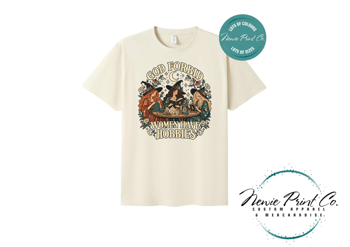 God Forbid Women Have Hobbies Witch T-Shirt, Vintage Crafting and Bookish Graphic Tee