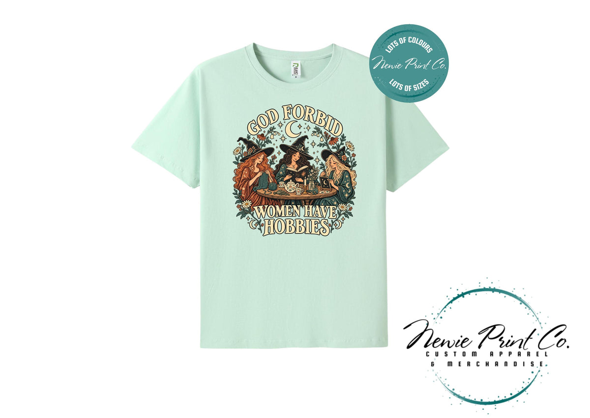 God Forbid Women Have Hobbies Witch T-Shirt, Vintage Crafting and Bookish Graphic Tee