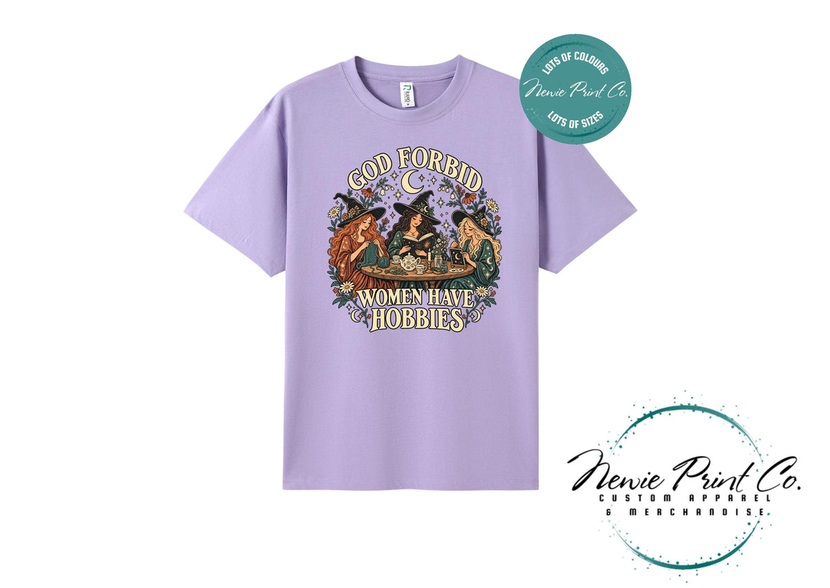 God Forbid Women Have Hobbies Witch T-Shirt, Vintage Crafting and Bookish Graphic Tee
