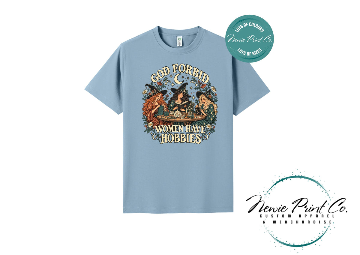 God Forbid Women Have Hobbies Witch T-Shirt, Vintage Crafting and Bookish Graphic Tee