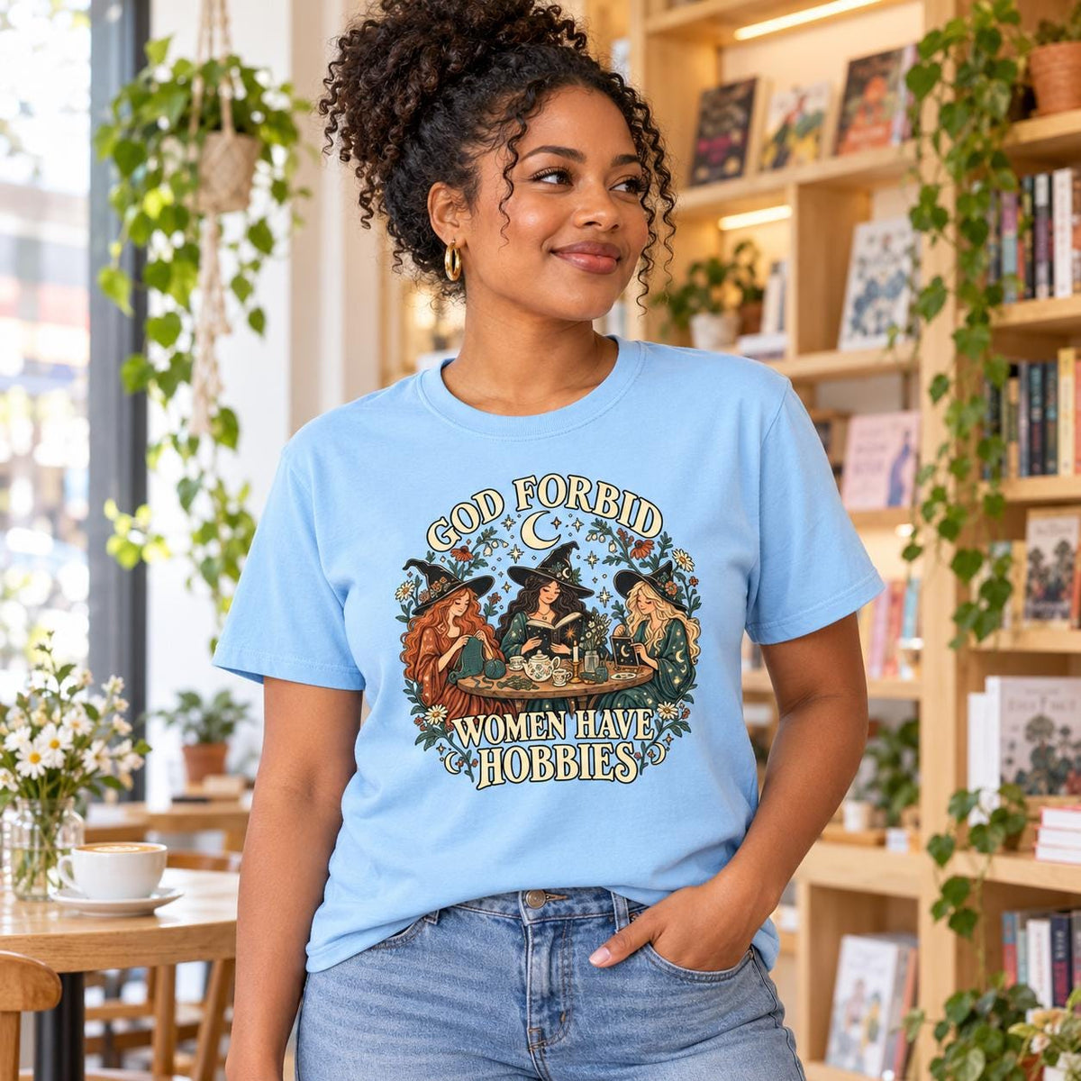 God Forbid Women Have Hobbies Witch T-Shirt, Vintage Crafting and Bookish Graphic Tee