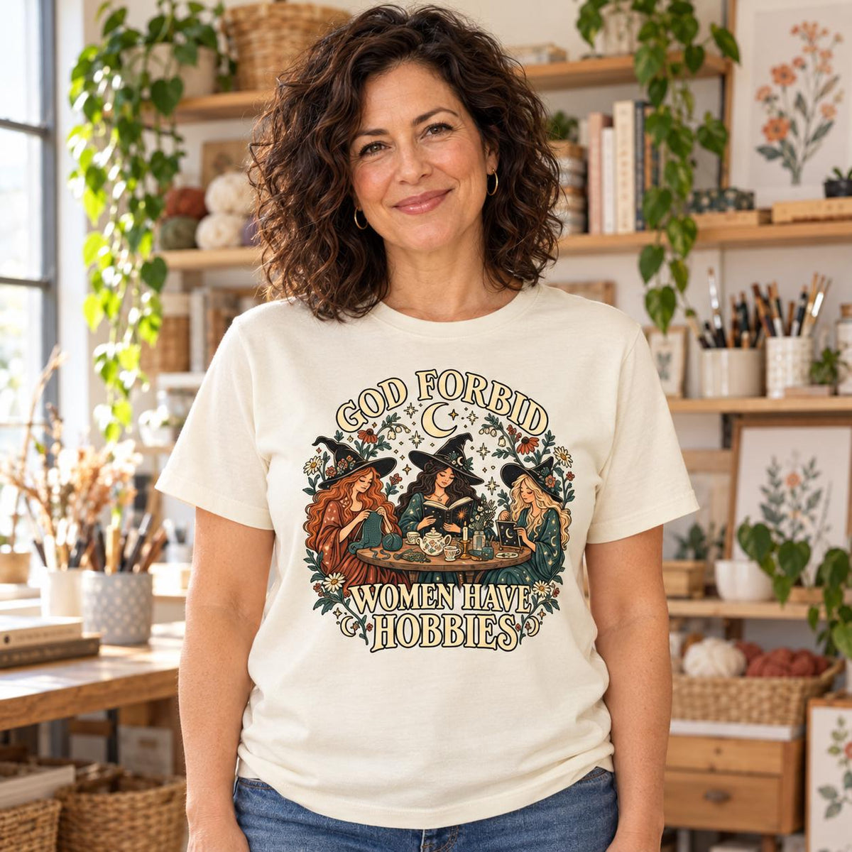 God Forbid Women Have Hobbies Witch T-Shirt, Vintage Crafting and Bookish Graphic Tee