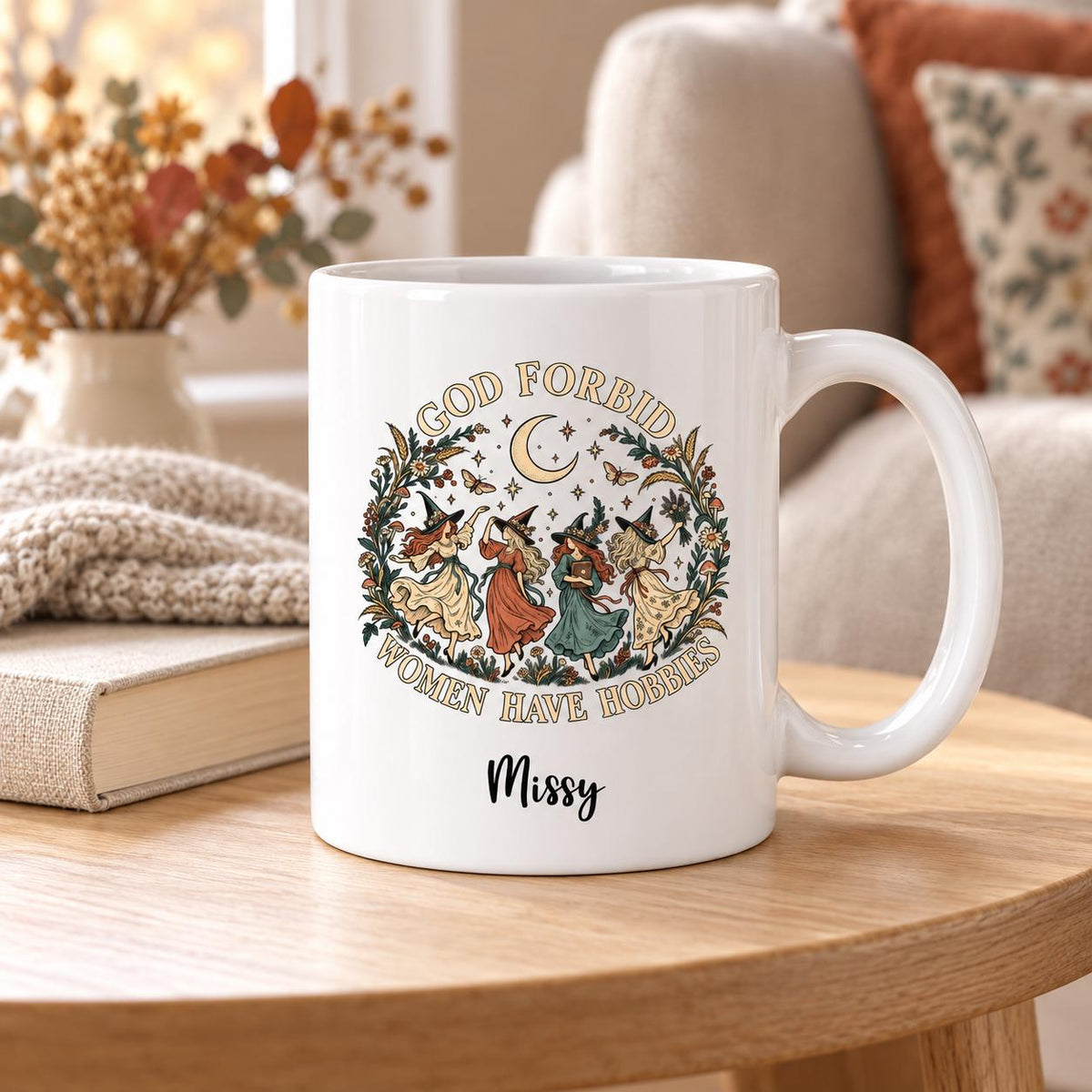 God Forbid Women Have Hobbies Mug, Dancing Witches Coffee Cup, Vintage Botanical Design, Funny Witch Gift