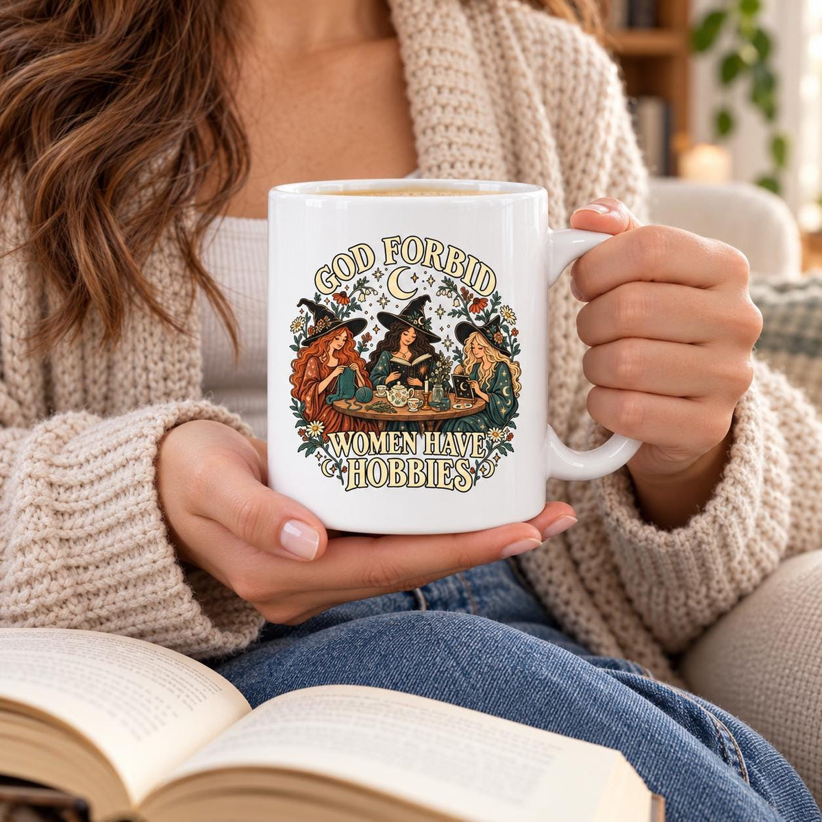 God Forbid Women Have Hobbies Mug, Reading Witches Coffee Cup, Vintage Botanical Design, Funny Witch Gift