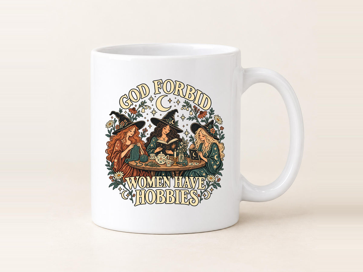God Forbid Women Have Hobbies Mug, Reading Witches Coffee Cup, Vintage Botanical Design, Funny Witch Gift