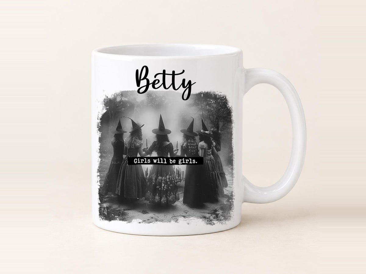 Girls will be Girls Mug, Dancing Witches Coffee Cup, Vintage Botanical Design, Funny Witch Gift