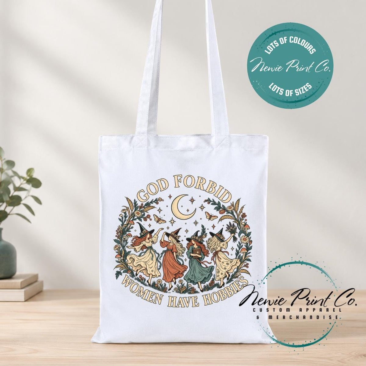 God Forbid Women Have Hobbies Tote Bag, Dancing Witches Botanical Bag, Funny Witch Gift, Cottagecore Book Bag