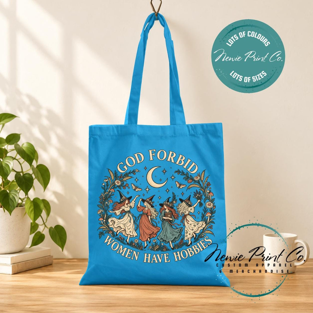 God Forbid Women Have Hobbies Tote Bag, Dancing Witches Botanical Bag, Funny Witch Gift, Cottagecore Book Bag