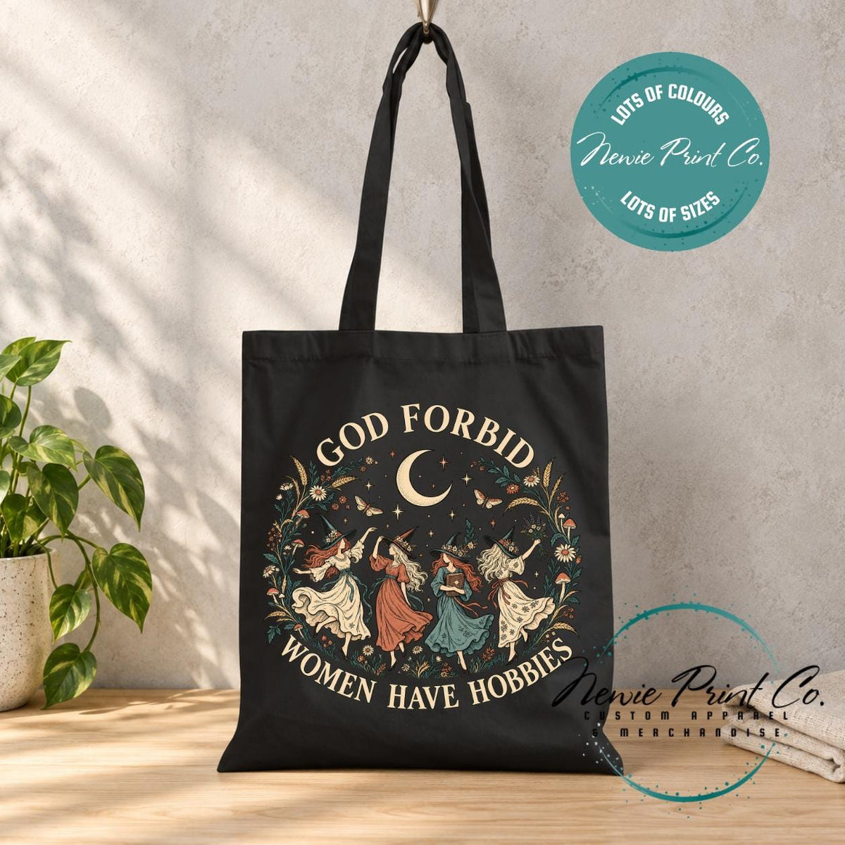 God Forbid Women Have Hobbies Tote Bag, Dancing Witches Botanical Bag, Funny Witch Gift, Cottagecore Book Bag