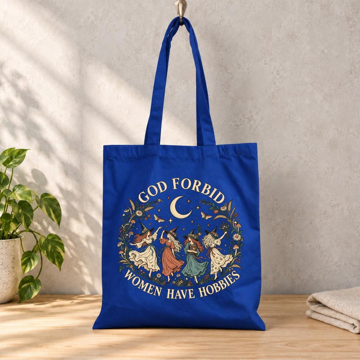 God Forbid Women Have Hobbies Tote Bag, Dancing Witches Botanical Bag, Funny Witch Gift, Cottagecore Book Bag