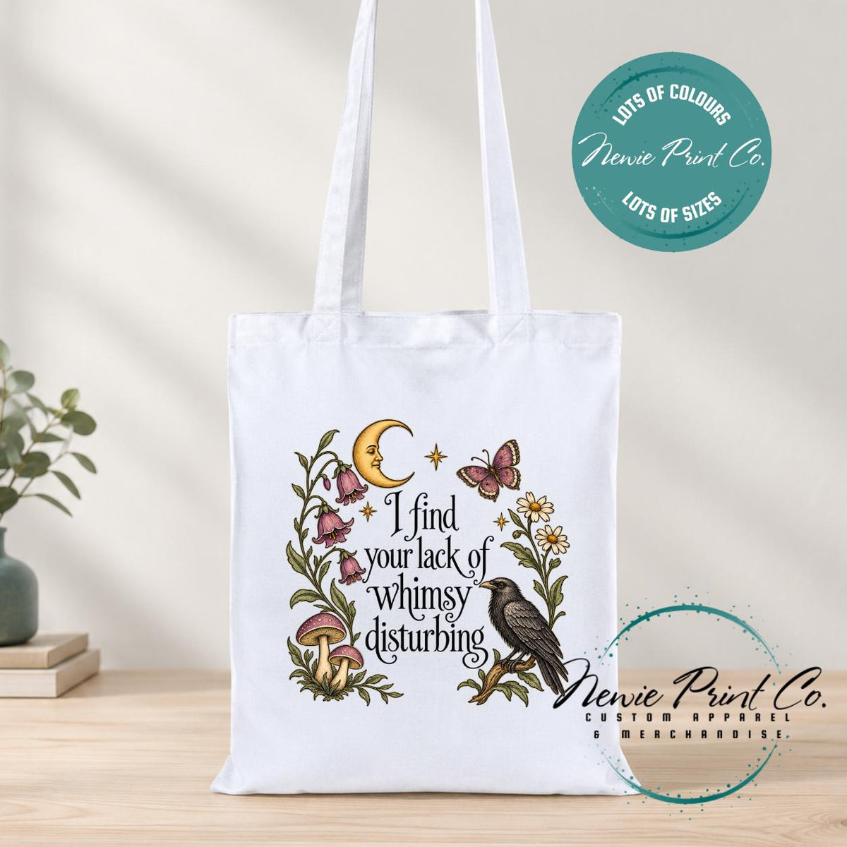 I Find Your Lack of Whimsy Disturbing, Cottagecore library bag, fairycore book bag, botanical tote