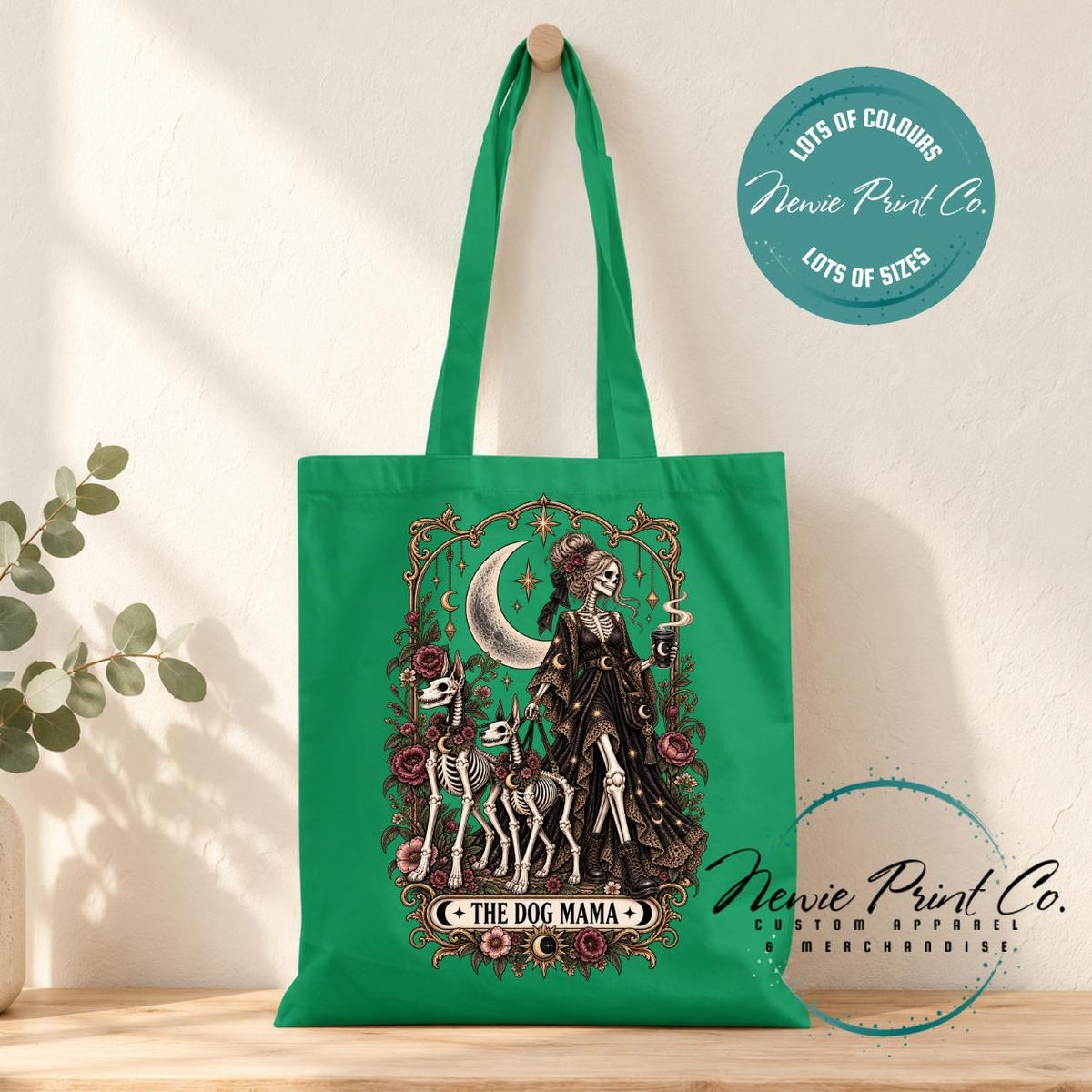Dog Mama Gothic Tote Bag, Skeleton Tarot Lover Shopper, Witchy Dog Mum Gift, Alternative Book Bag