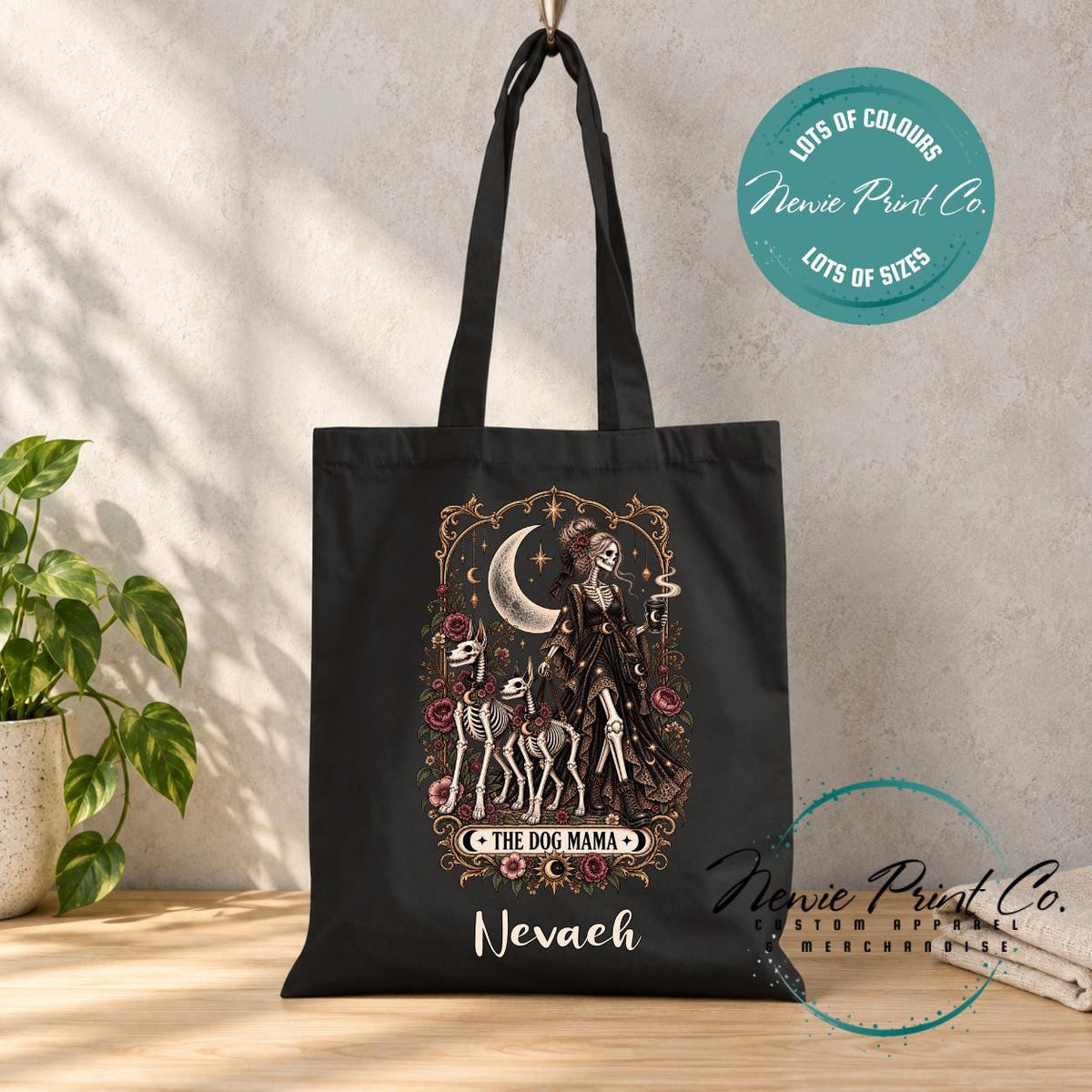 Dog Mama Gothic Tote Bag, Skeleton Tarot Lover Shopper, Witchy Dog Mum Gift, Alternative Book Bag