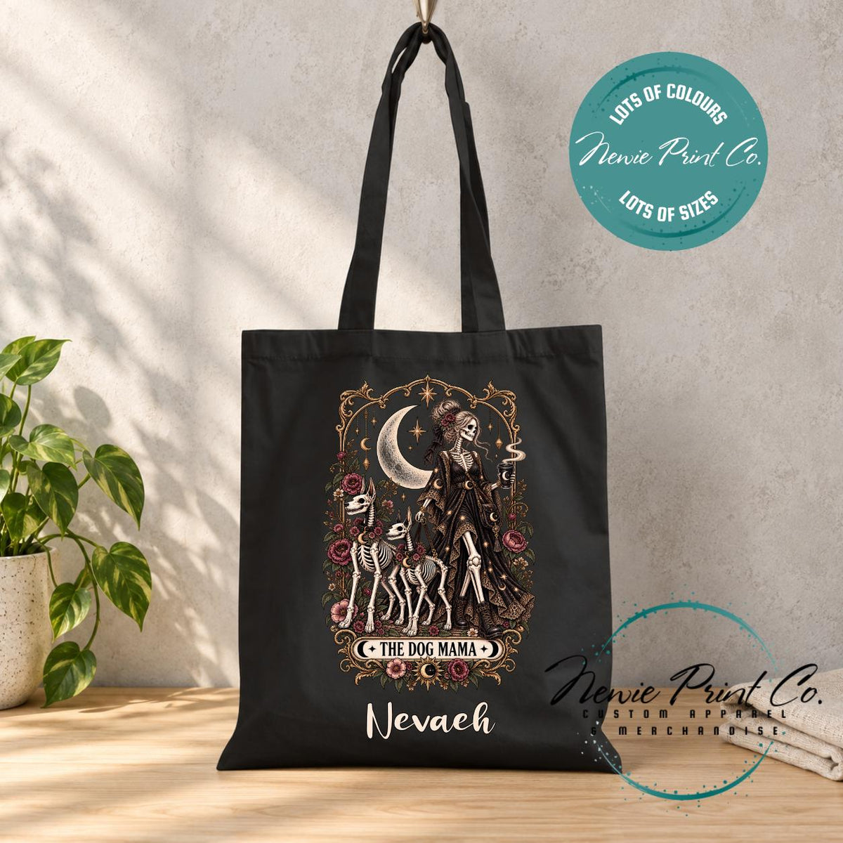 Dog Mama Gothic Tote Bag, Skeleton Tarot Lover Shopper, Witchy Dog Mum Gift, Alternative Book Bag