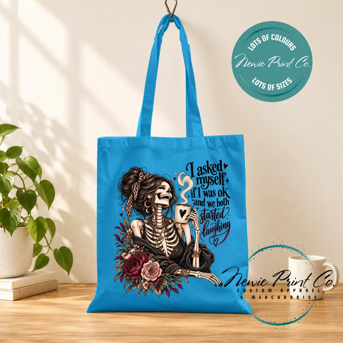 Funny Skeleton Tote Bag, Sarcastic Quote Shopper, Gothic Floral Book Bag, I Asked Myself If I Was OK, Funny Gift for Her