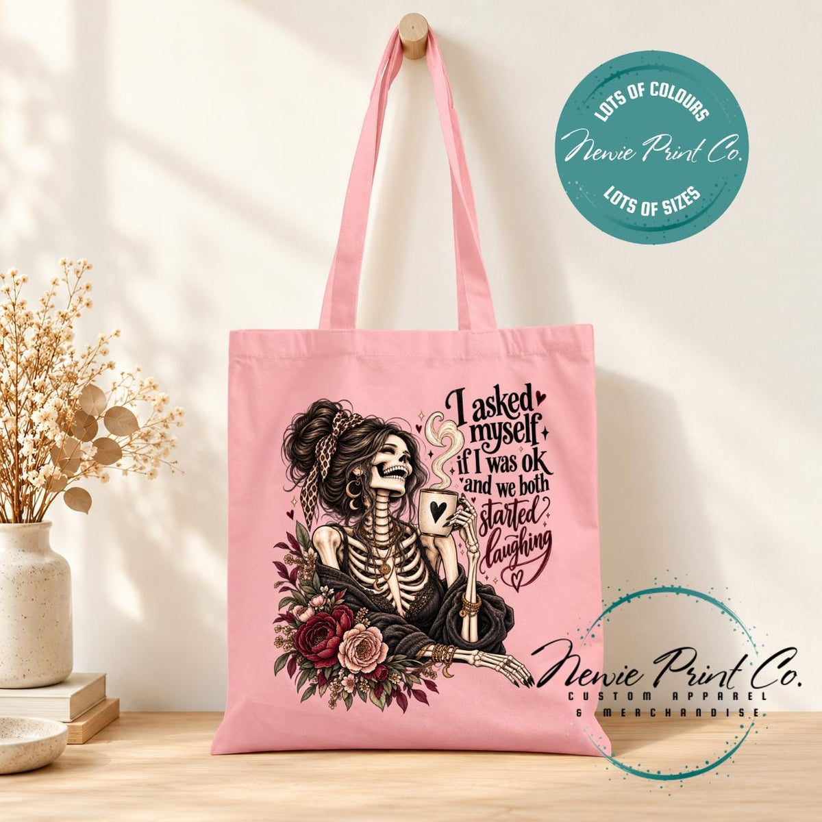Funny Skeleton Tote Bag, Sarcastic Quote Shopper, Gothic Floral Book Bag, I Asked Myself If I Was OK, Funny Gift for Her