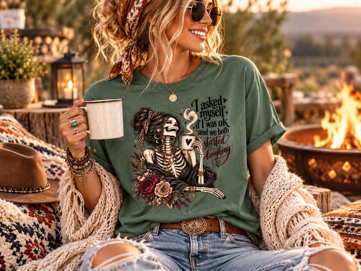 Funny Skeleton T-Shirt, I Asked Myself If I Was OK Tee, Sarcastic Graphic Shirt, Gothic Floral Coffee Lover Gift for Women