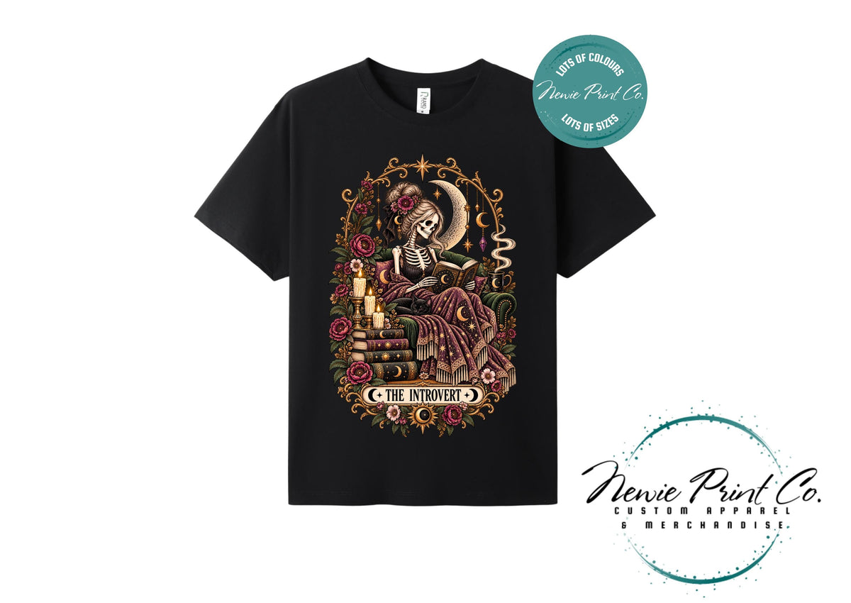 Introvert Book Lover T-Shirt, Gothic Skeleton Reading Tee, Dark Academia Shirt, Witchy Bookish Graphic Tee, Gift for Readers