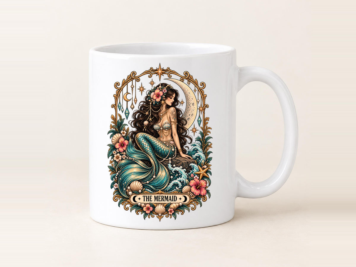 Mermaid Tarot Coffee Mug, Celestial Ocean Lover Cup, Mystical Mermaid Gift, Boho Coastal Coffee Cup