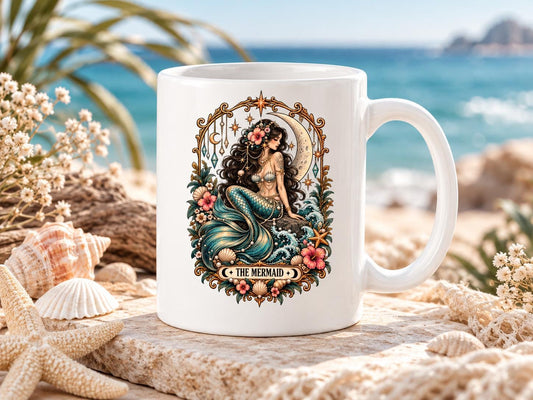 Mermaid Tarot Coffee Mug, Celestial Ocean Lover Cup, Mystical Mermaid Gift, Boho Coastal Coffee Cup