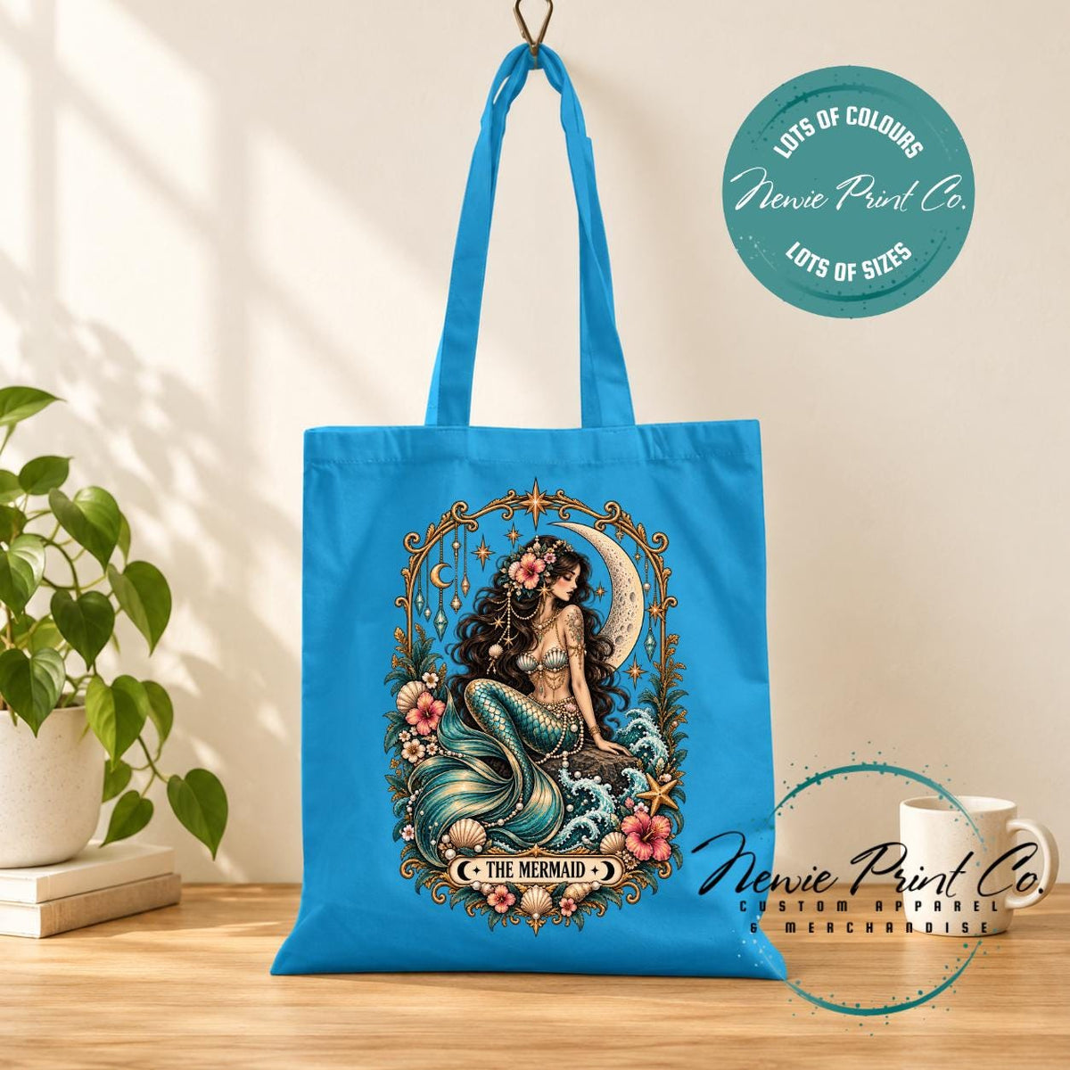 Mermaid Tarot Tote Bag, Celestial Ocean Lover Shopper, Boho Coastal Book Bag, Mystical Mermaid Gift
