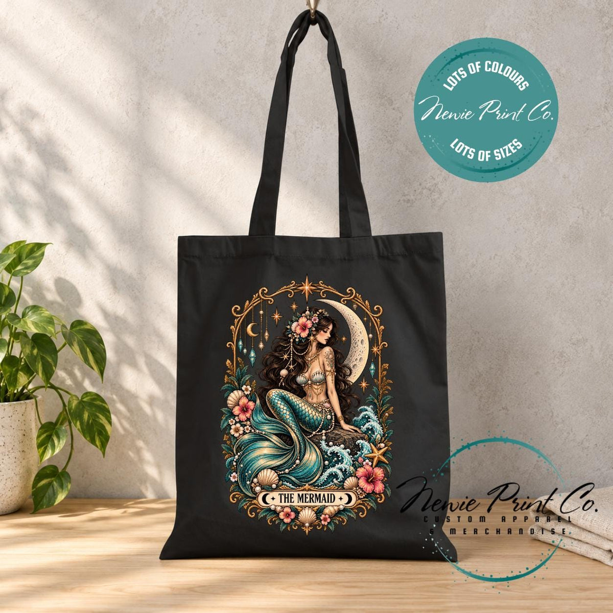 Mermaid Tarot Tote Bag, Celestial Ocean Lover Shopper, Boho Coastal Book Bag, Mystical Mermaid Gift