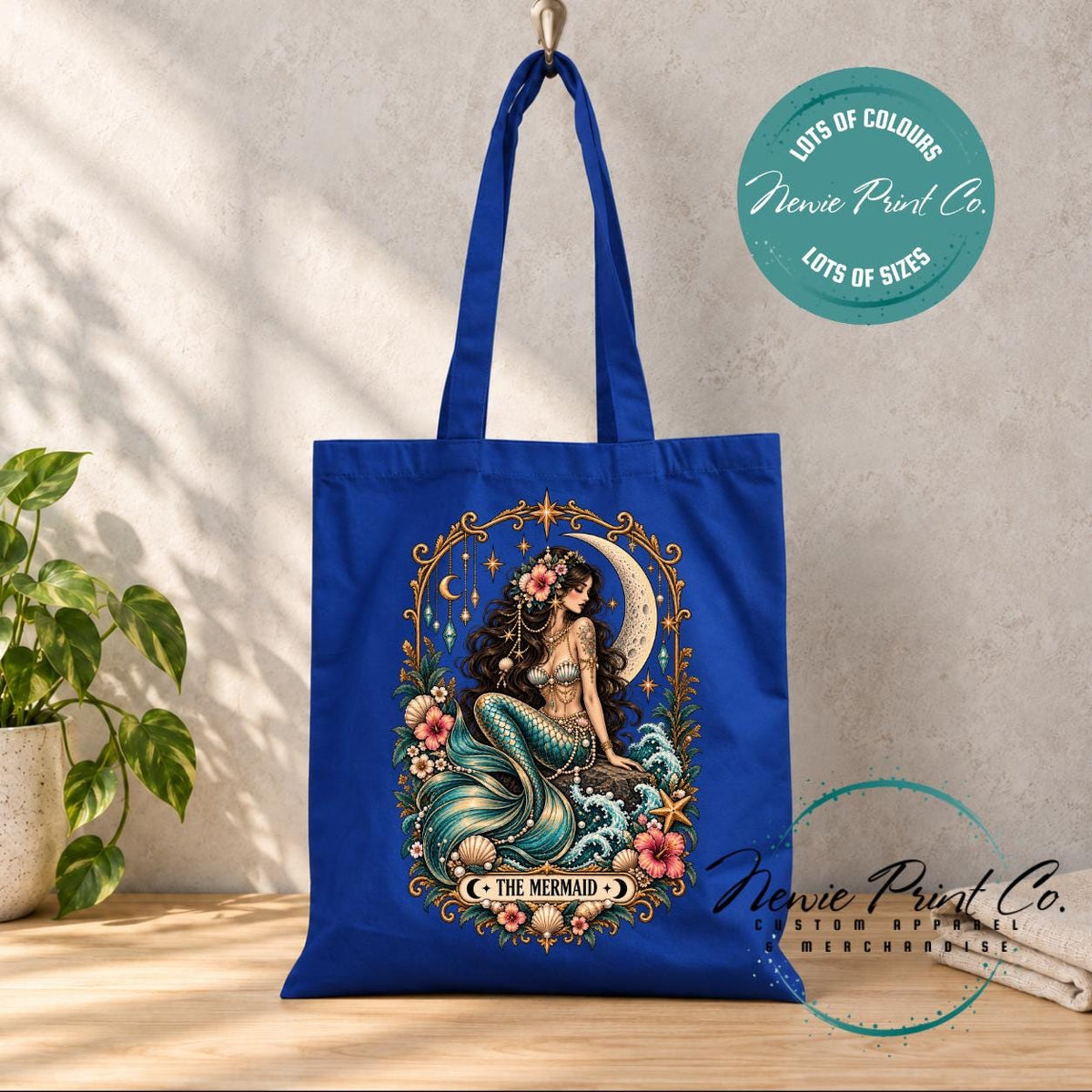 Mermaid Tarot Tote Bag, Celestial Ocean Lover Shopper, Boho Coastal Book Bag, Mystical Mermaid Gift