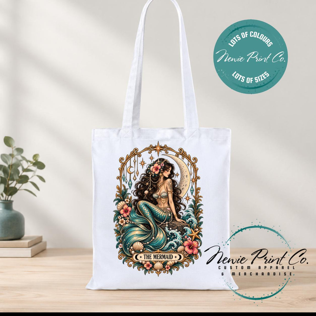 Mermaid Tarot Tote Bag, Celestial Ocean Lover Shopper, Boho Coastal Book Bag, Mystical Mermaid Gift