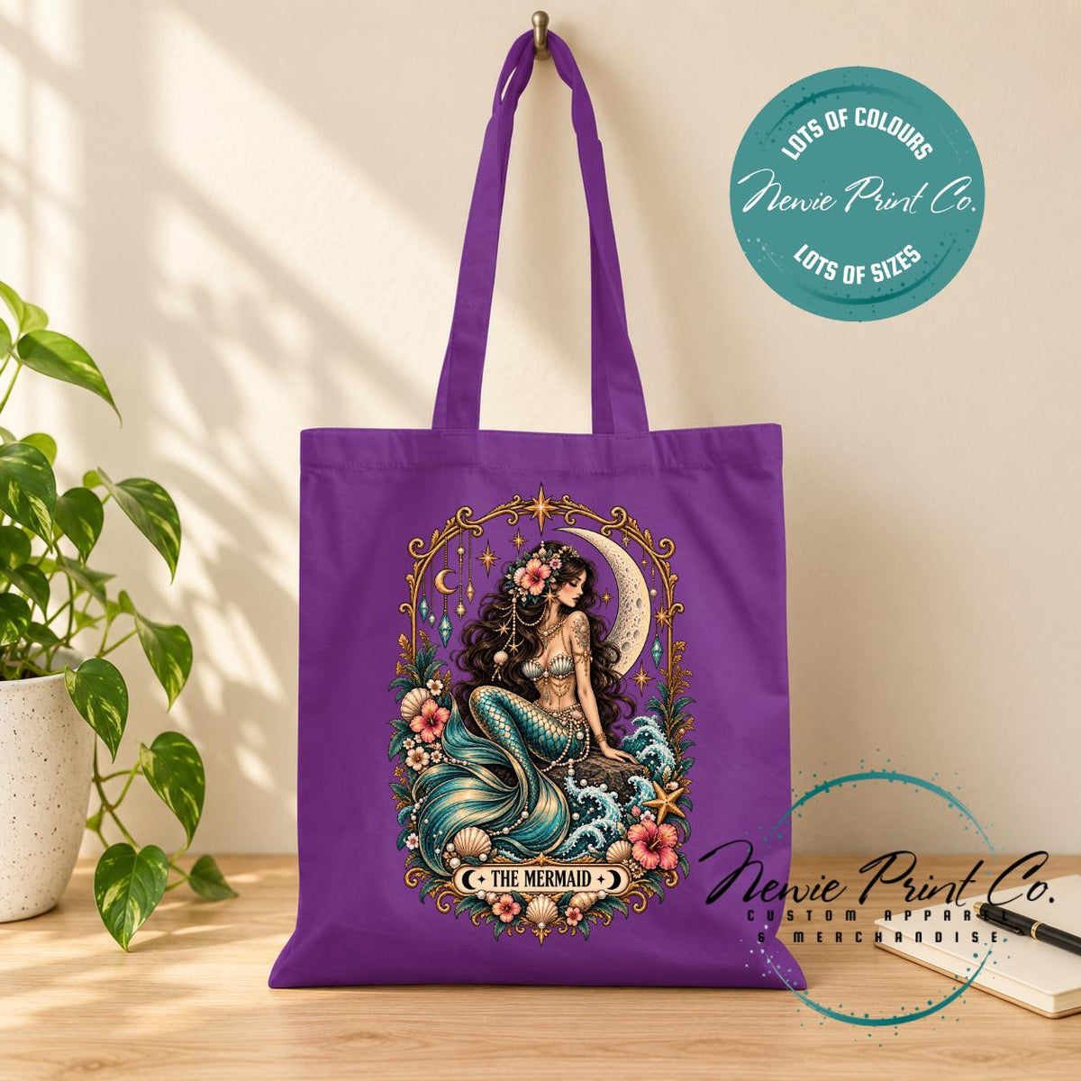 Mermaid Tarot Tote Bag, Celestial Ocean Lover Shopper, Boho Coastal Book Bag, Mystical Mermaid Gift