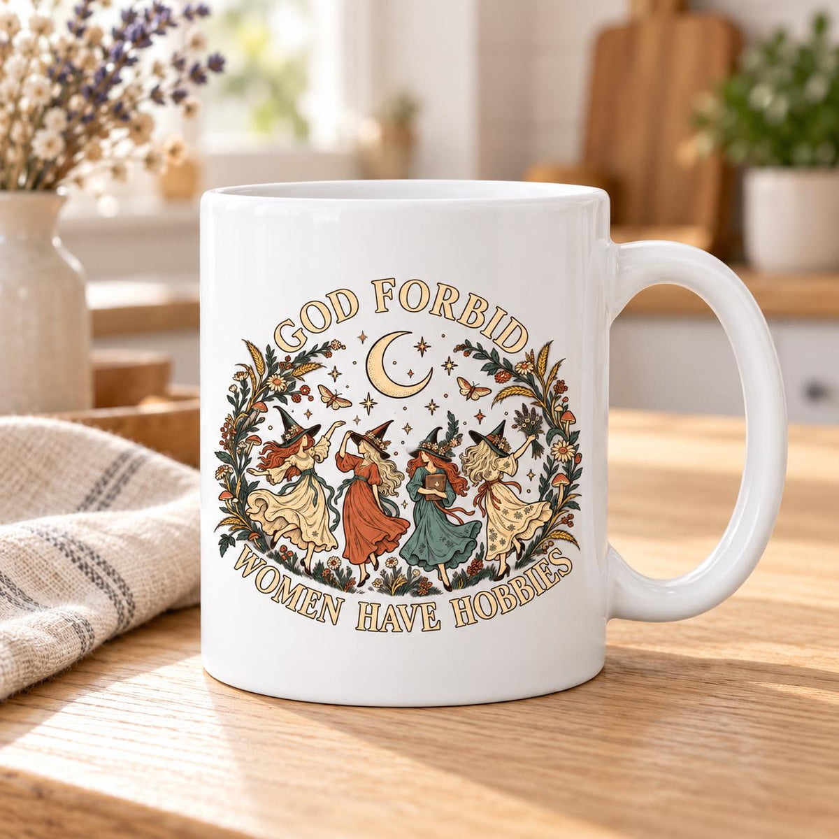 God Forbid Women Have Hobbies Mug, Dancing Witches Coffee Cup, Vintage Botanical Design, Funny Witch Gift
