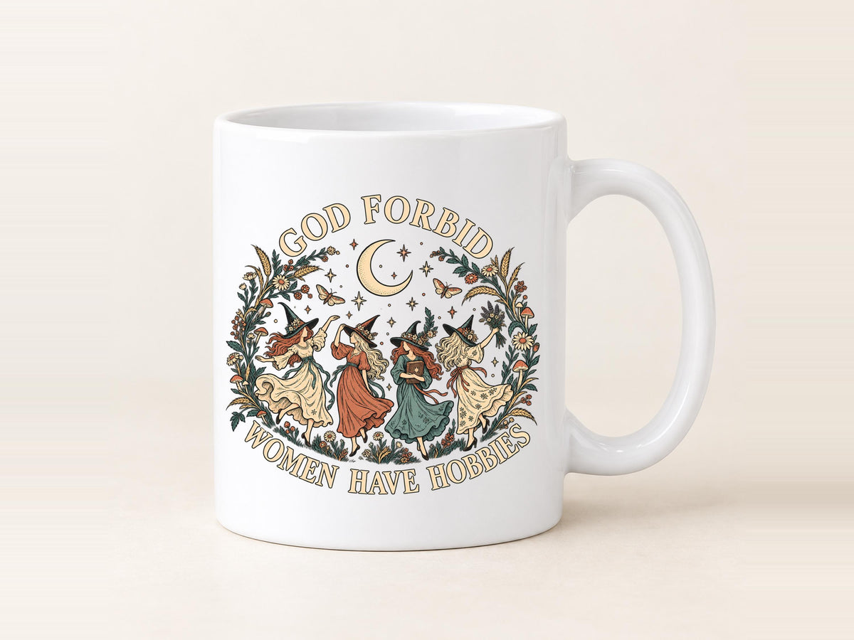 God Forbid Women Have Hobbies Mug, Dancing Witches Coffee Cup, Vintage Botanical Design, Funny Witch Gift