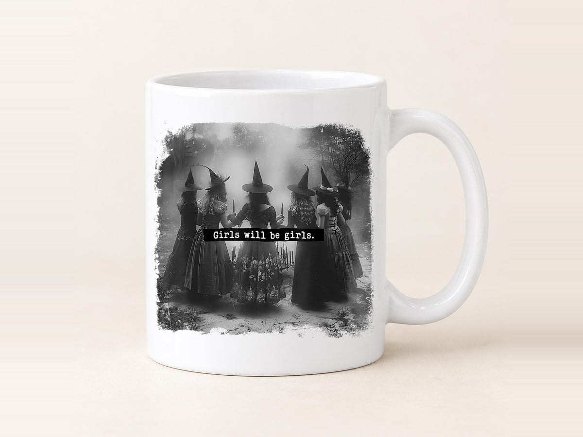Girls will be Girls Mug, Dancing Witches Coffee Cup, Vintage Botanical Design, Funny Witch Gift