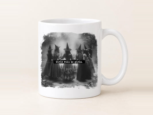Girls will be Girls Mug, Dancing Witches Coffee Cup, Vintage Botanical Design, Funny Witch Gift
