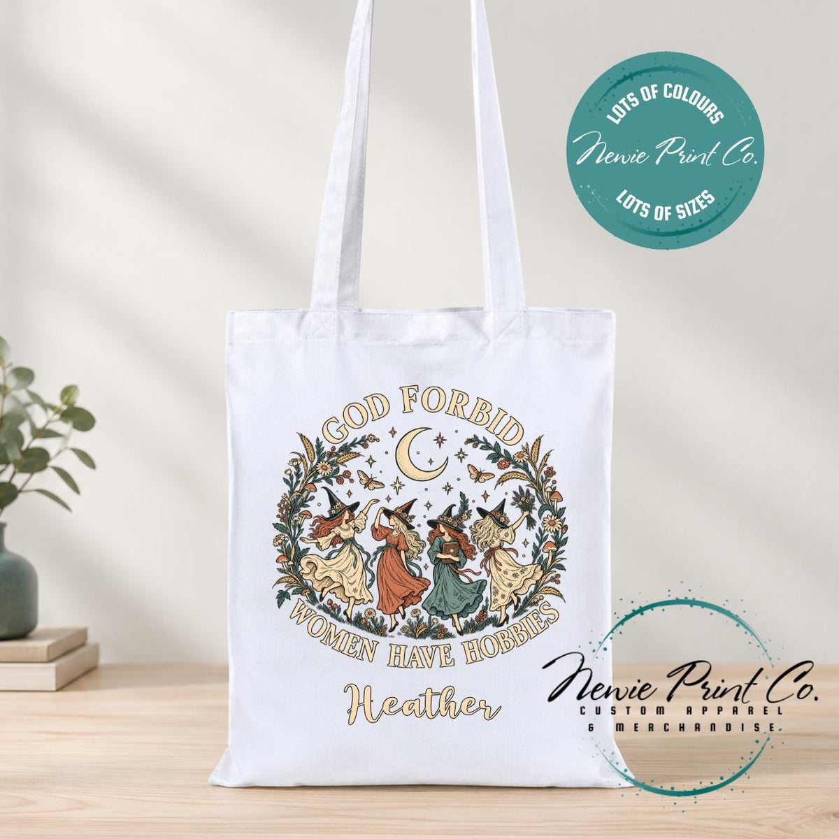 God Forbid Women Have Hobbies Tote Bag, Dancing Witches Botanical Bag, Funny Witch Gift, Cottagecore Book Bag