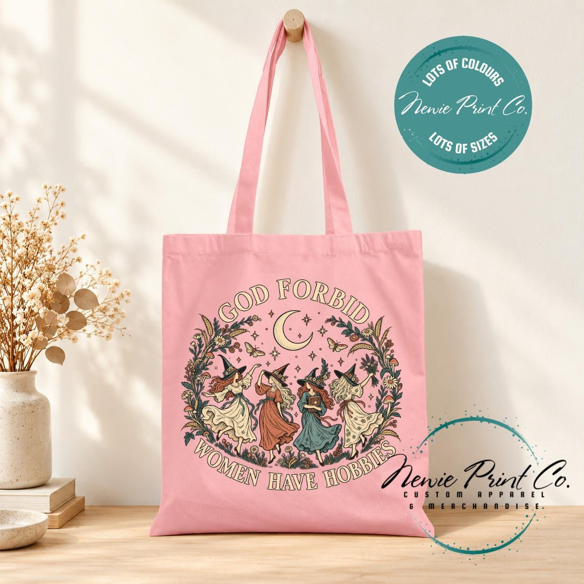 God Forbid Women Have Hobbies Tote Bag, Dancing Witches Botanical Bag, Funny Witch Gift, Cottagecore Book Bag