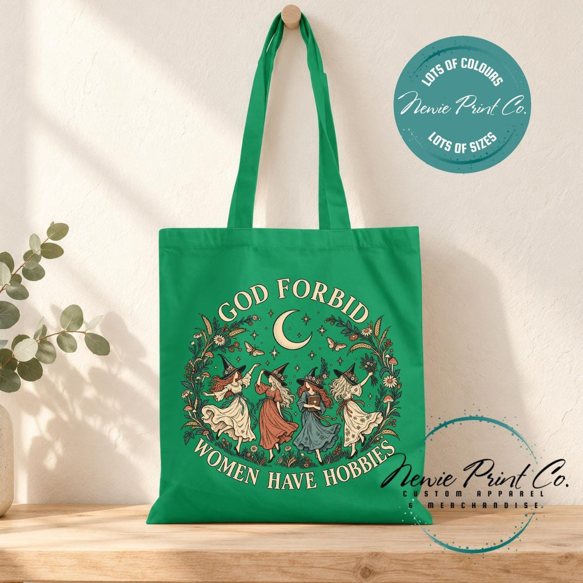 God Forbid Women Have Hobbies Tote Bag, Dancing Witches Botanical Bag, Funny Witch Gift, Cottagecore Book Bag