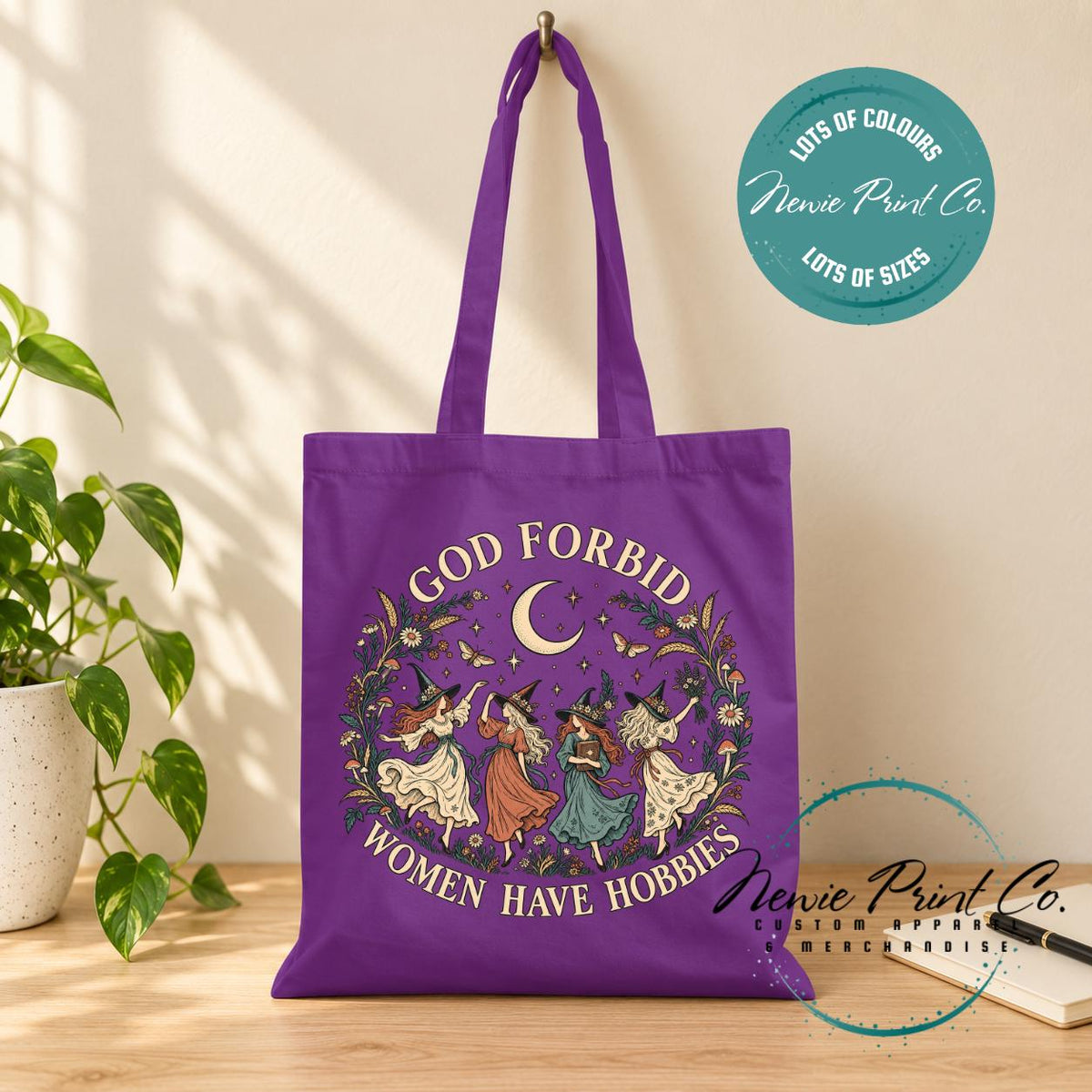God Forbid Women Have Hobbies Tote Bag, Dancing Witches Botanical Bag, Funny Witch Gift, Cottagecore Book Bag