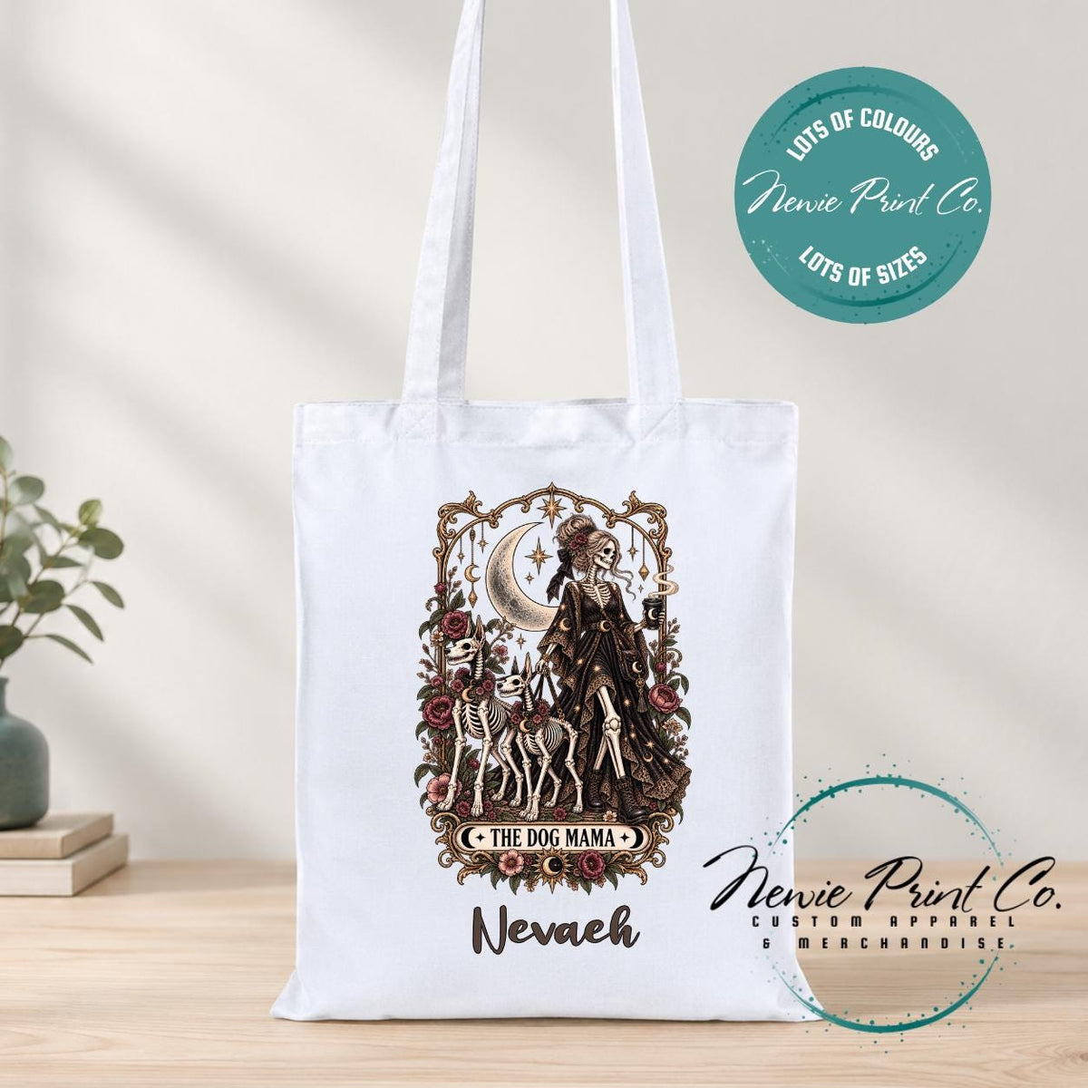 Dog Mama Gothic Tote Bag, Skeleton Tarot Lover Shopper, Witchy Dog Mum Gift, Alternative Book Bag