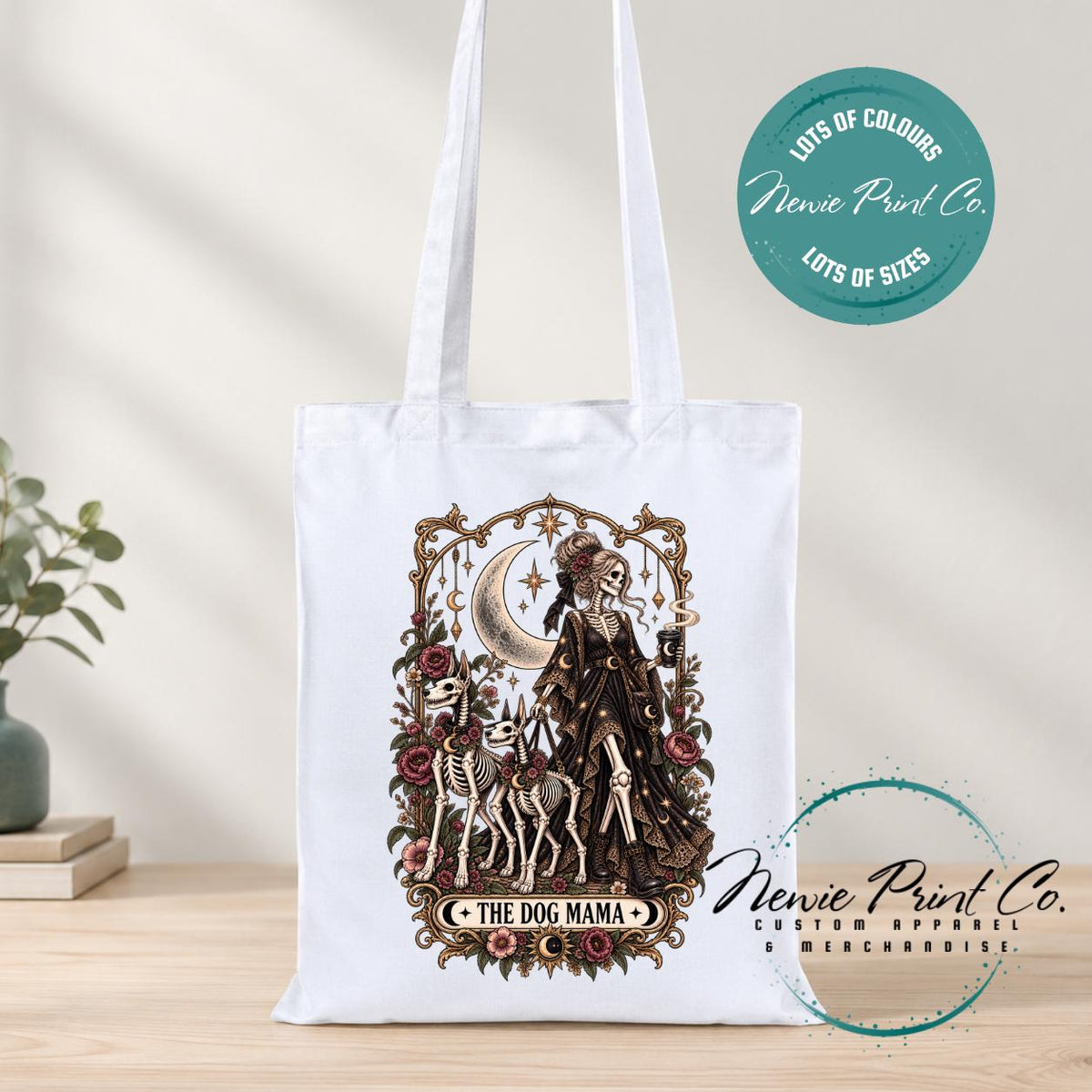 Dog Mama Gothic Tote Bag, Skeleton Tarot Lover Shopper, Witchy Dog Mum Gift, Alternative Book Bag
