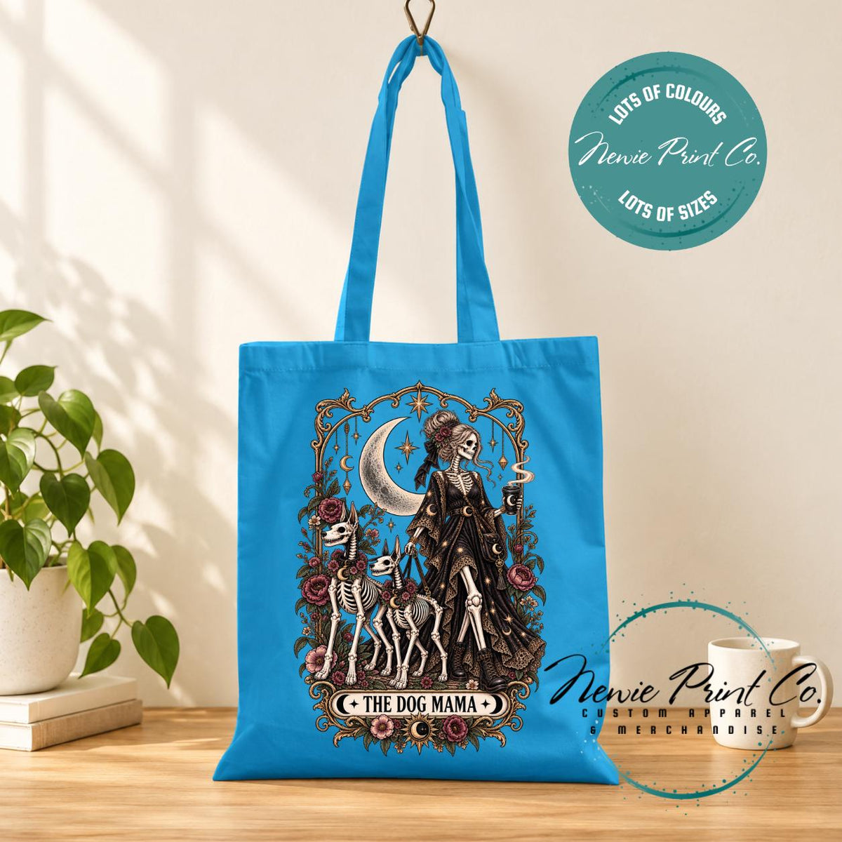 Dog Mama Gothic Tote Bag, Skeleton Tarot Lover Shopper, Witchy Dog Mum Gift, Alternative Book Bag